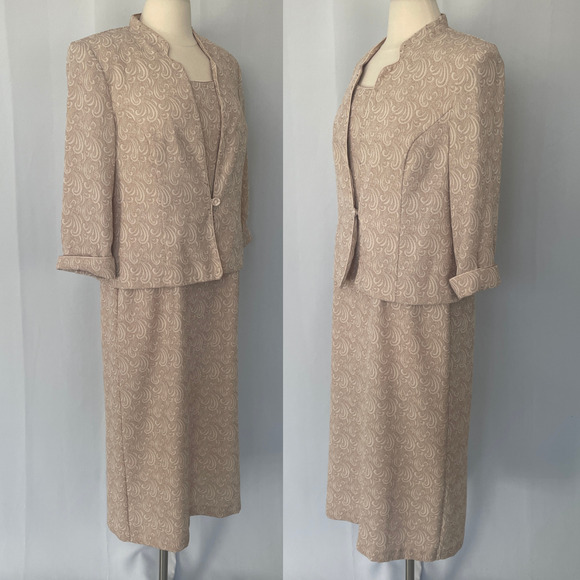 Dress Jacket 2 Piece Set Size 12 Petite 12P Beige Tan Minimal Monochromatic - Picture 5 of 16